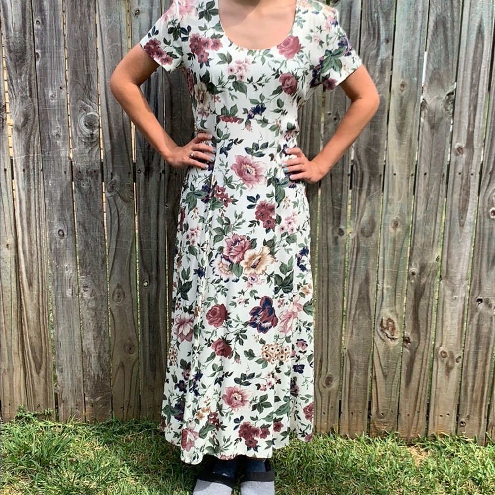 Long cream floral dress green and maroon and mauve